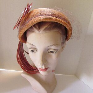 Vintage Mid Century Straw Hat in Mustard with Paprika Feathers Hand Finished